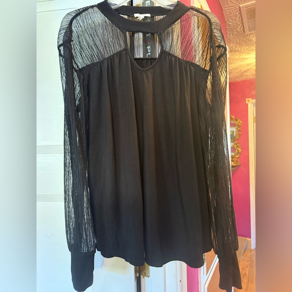 Maurices Black Sheer-Yoke Long Sleeve Blouse